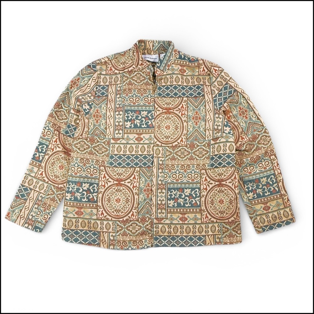 Alfred Dunner Vintage Tapestry Womens 12 Zip Front Jacket Geometric Pattern Boho